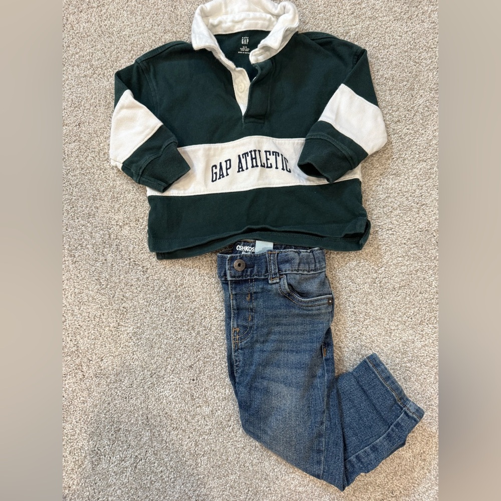 GAP Green & White Rugby Shirt & osh kosh b’gosh Blue Jeans 12-18m preppy trendy - Picture 8 of 8